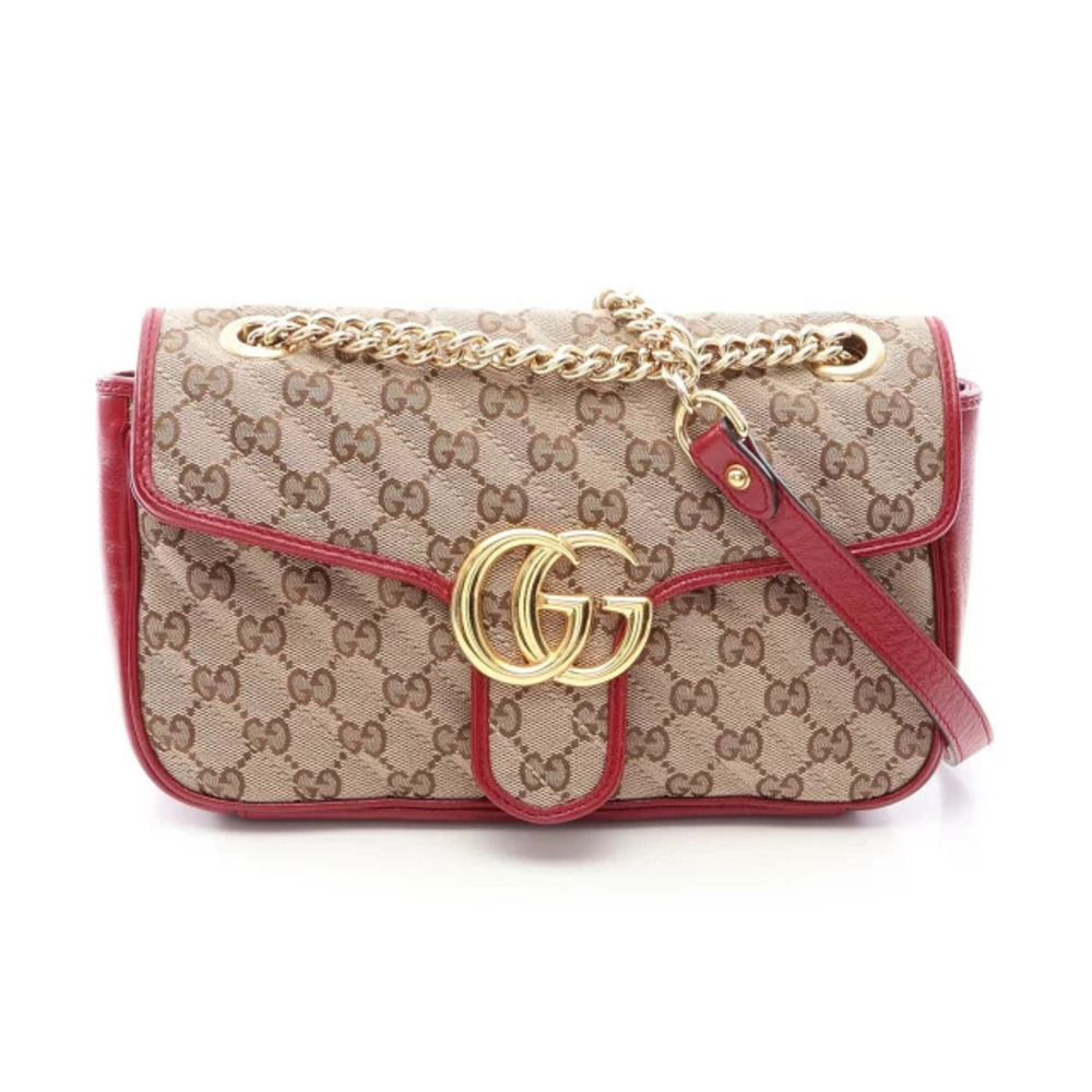Gucci GG Marmont Quilted Canvas Shoulder Bag Leather Beige Cream Red